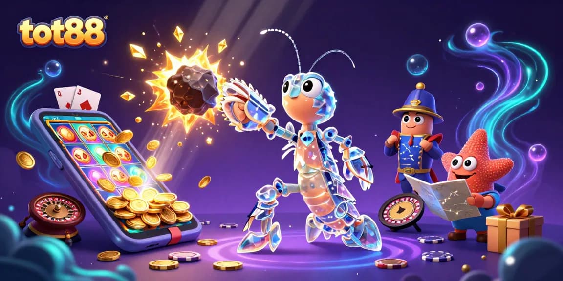 Experience gaming excitement with tot88 as vibrant slot reels and treasure erupt in action-packed illustration.