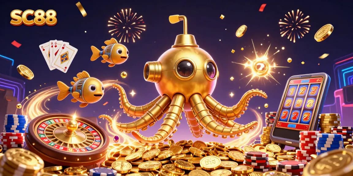 Experience the excitement of SC88 with vibrant casino elements and golden treasures swirling around.