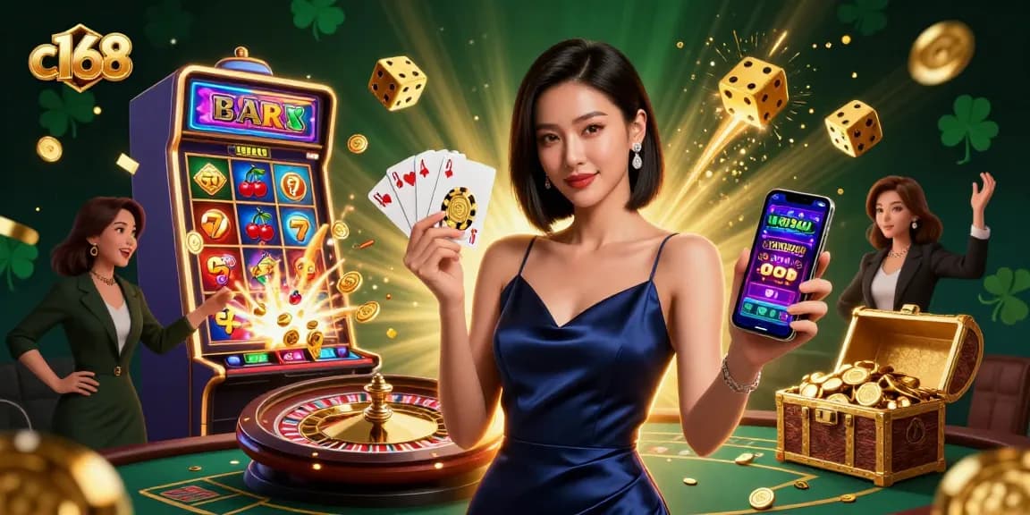 Experience exciting gameplay with c168's stunning casino illustration featuring vibrant symbols and characters.