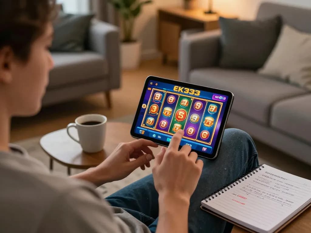 Player enjoying EK333 mobile gaming with strategies noted, capturing the excitement of online slots.