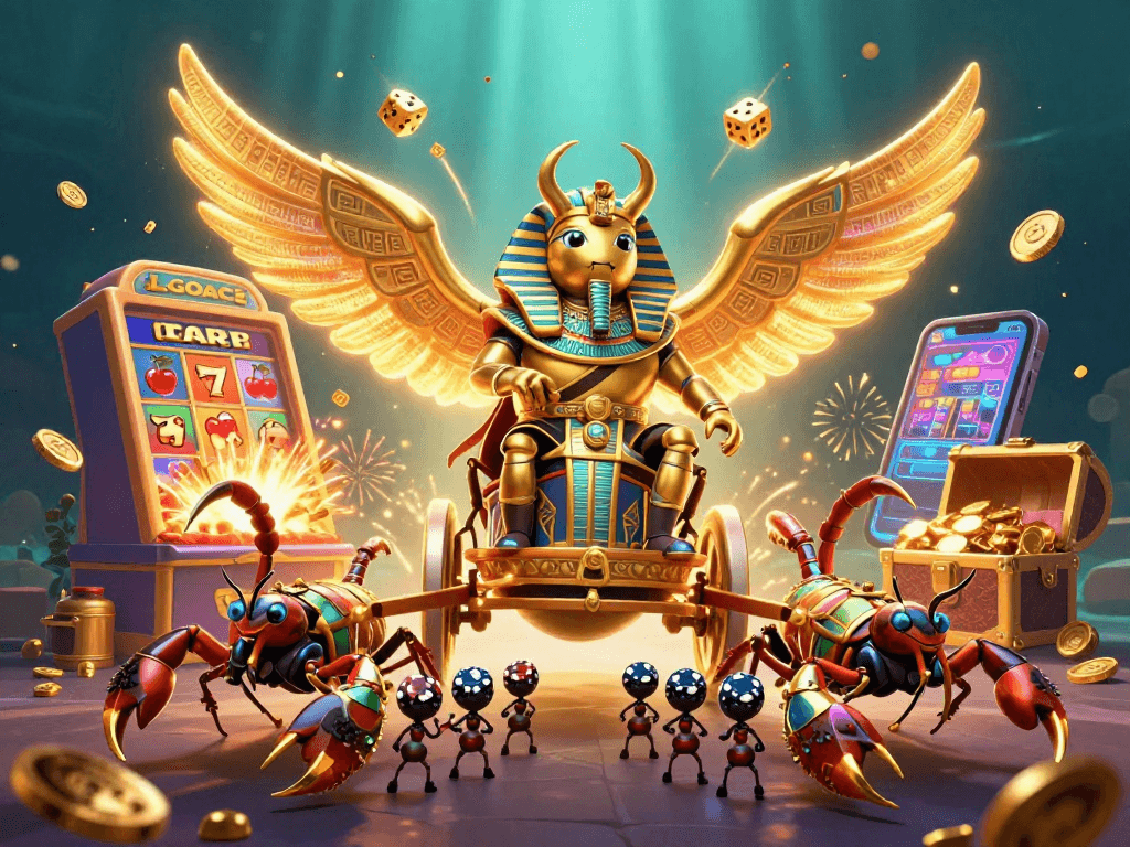 LGOACE slots scene featuring vibrant jackpot explosion, golden scorpions and playful poker ants in action