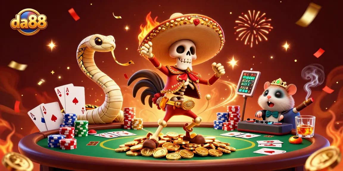 Win big at da88 with a vibrant casino celebration featuring unique characters and exciting poker elements.