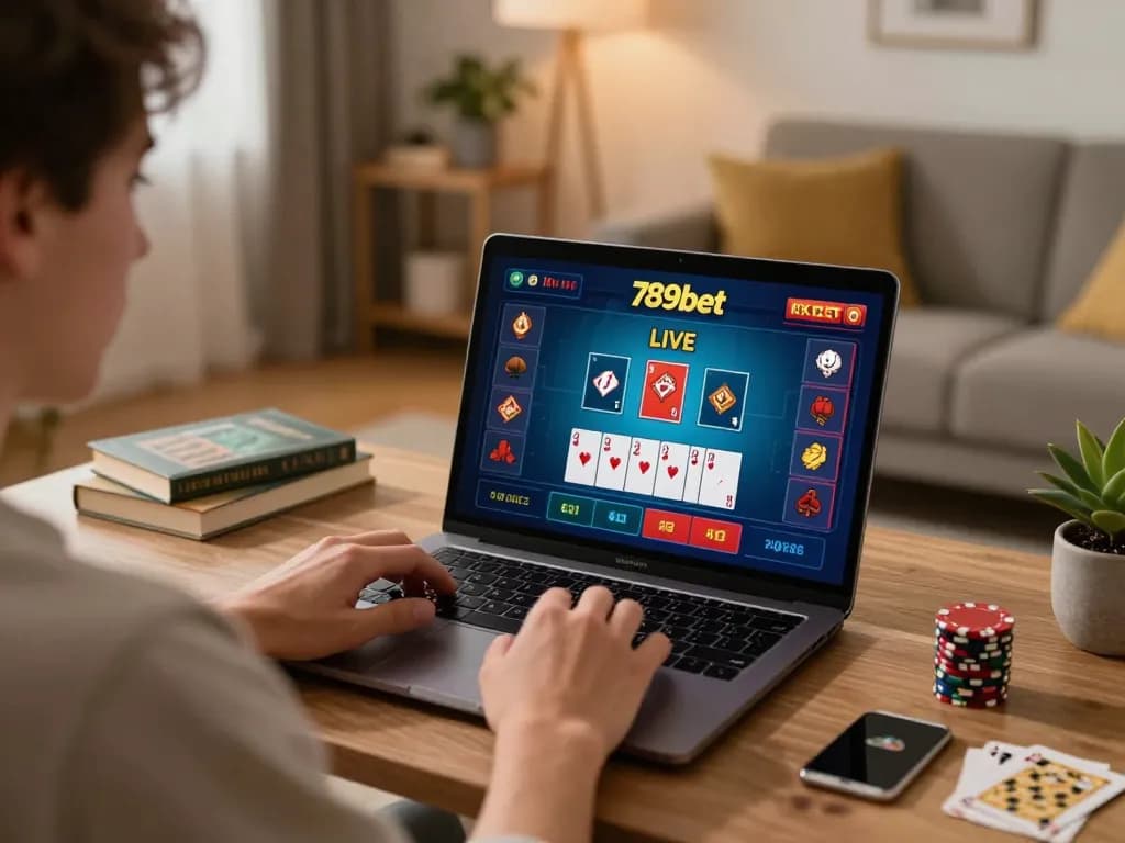 Player enjoying a strategic game on 789bet's online casino platform in a cozy home setting.