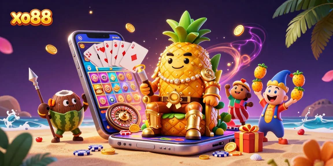 Play thrilling slot games with xo88 in an enchanting 3D casino scene filled with vibrant characters.