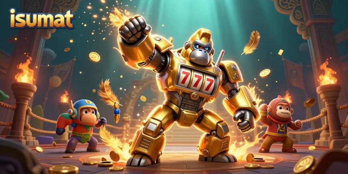Experience thrilling slots gameplay at isumat with an epic golden gorilla mech amidst dynamic casino elements.