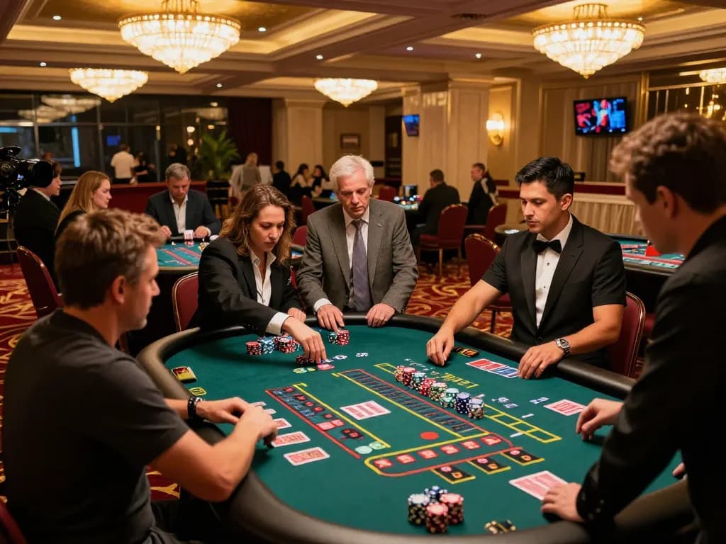 Players engaging at TG88 roulette tables in a luxurious casino ambiance, vibrant action and strategic gameplay.