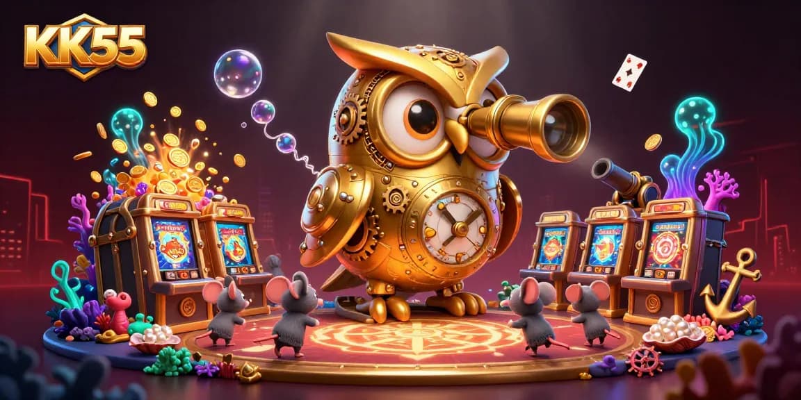 Play dynamic casino games at KK55 with a vibrant, detailed illustration showing golden owl and treasure