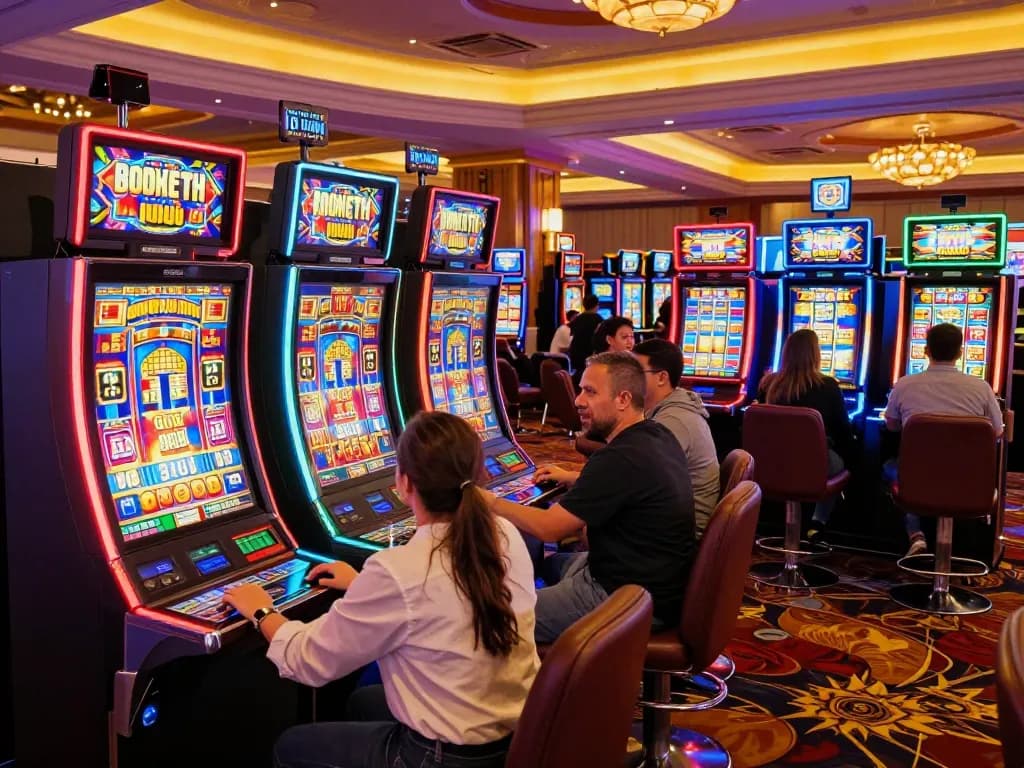 C168 players enjoying exciting slot machine action with vibrant lights and joyful atmosphere.