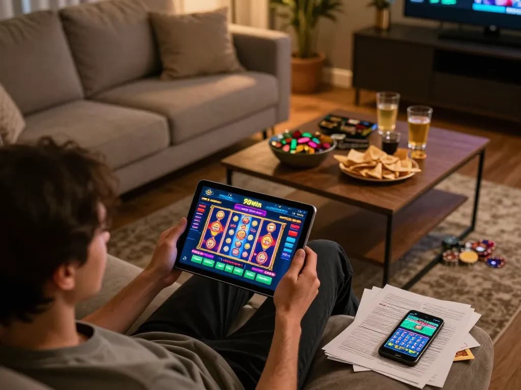 Engaged player on a tablet enjoying 98win online casino gaming experience with vibrant visuals