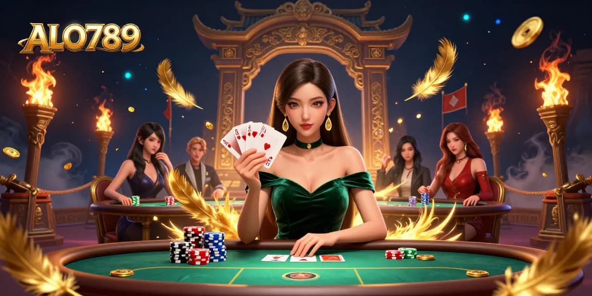 Play cards strategically at ALO789 with an elegant poker player amid vibrant casino elements.