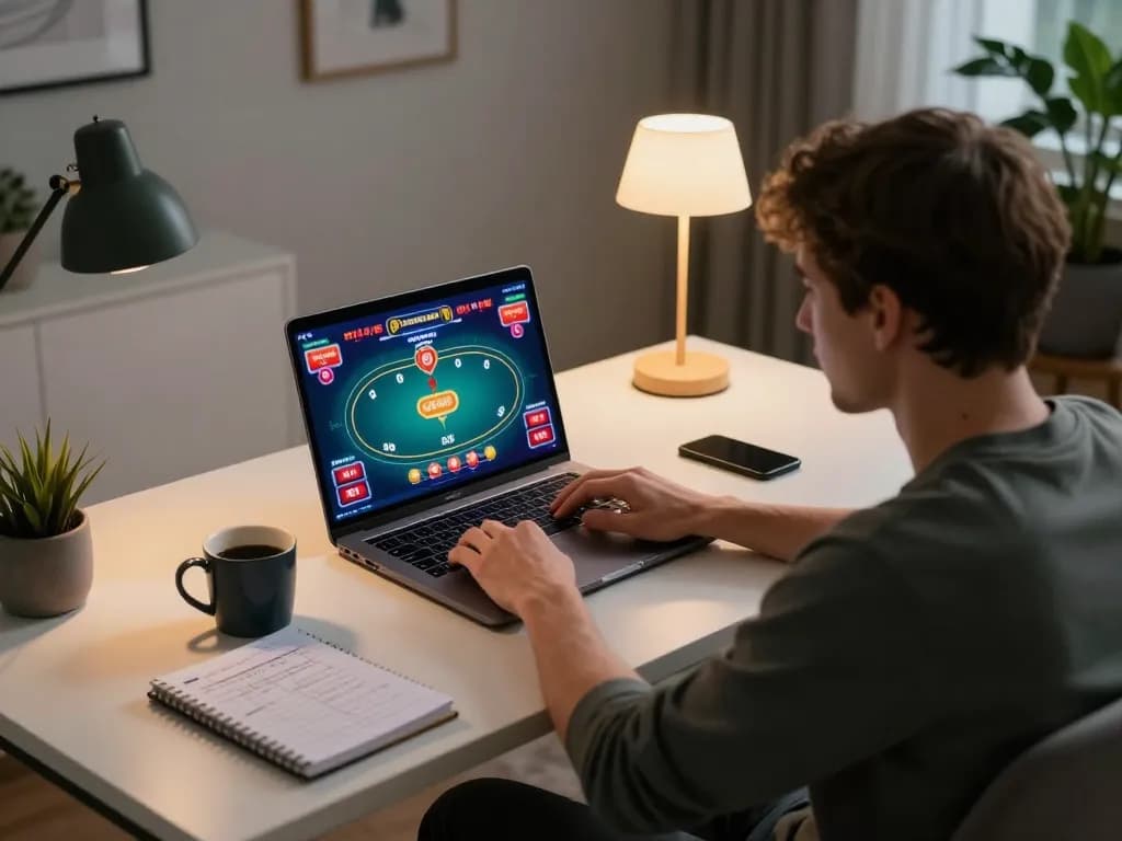 Engaging online gaming session at nhà cái fly88 with poker strategies in comfortable home office setting