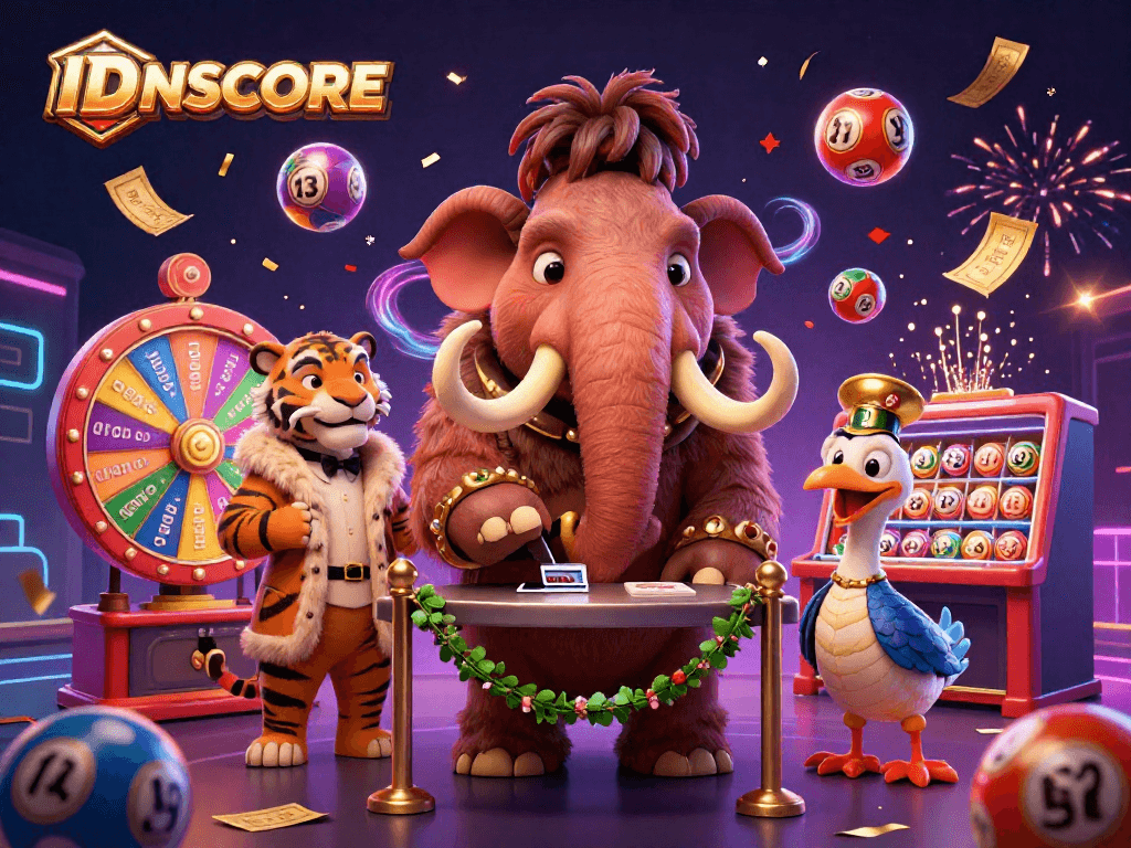 Experience the excitement of IDNSCORE with vibrant characters and lottery action in a thrilling casino scene.