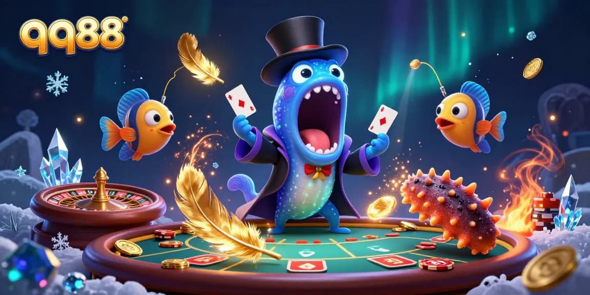 Engage with the vibrant world of qq88 through this stunning casino-themed 3D illustration showcasing magical sea creatures.