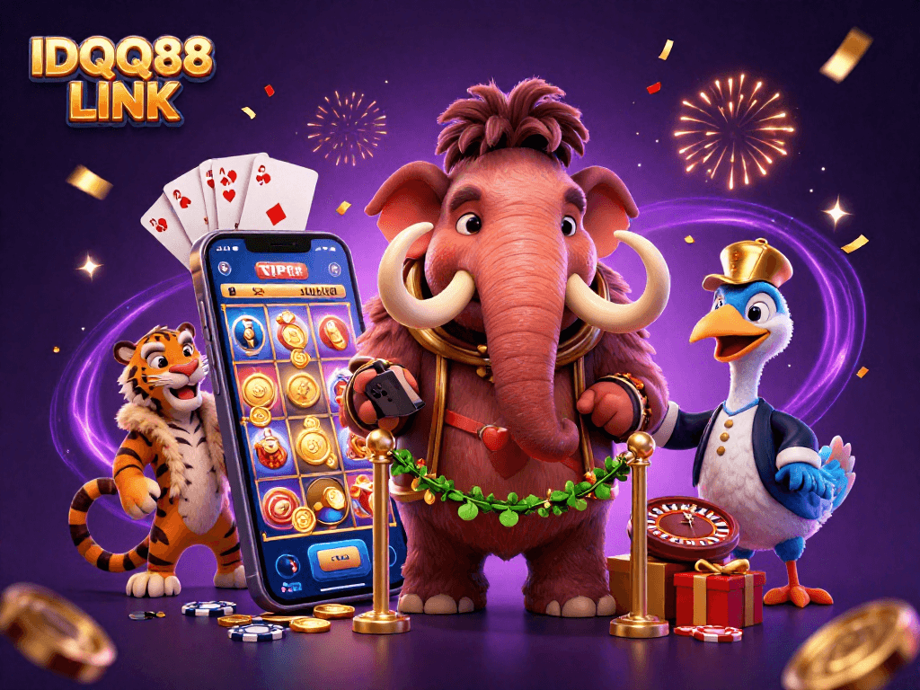 Experience the excitement of IDQQ88 LINK at the casino with vibrant characters and dynamic gaming elements.