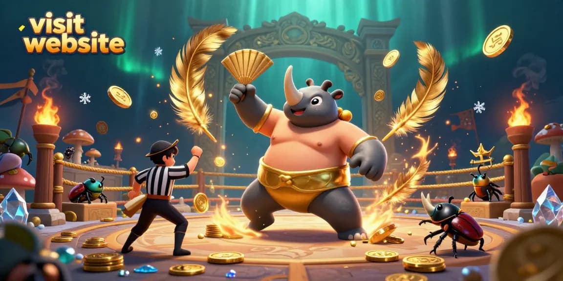 Enjoy vibrant casino action as you visit website, showcasing a dramatic beetle championship with golden coins and exciting elements.