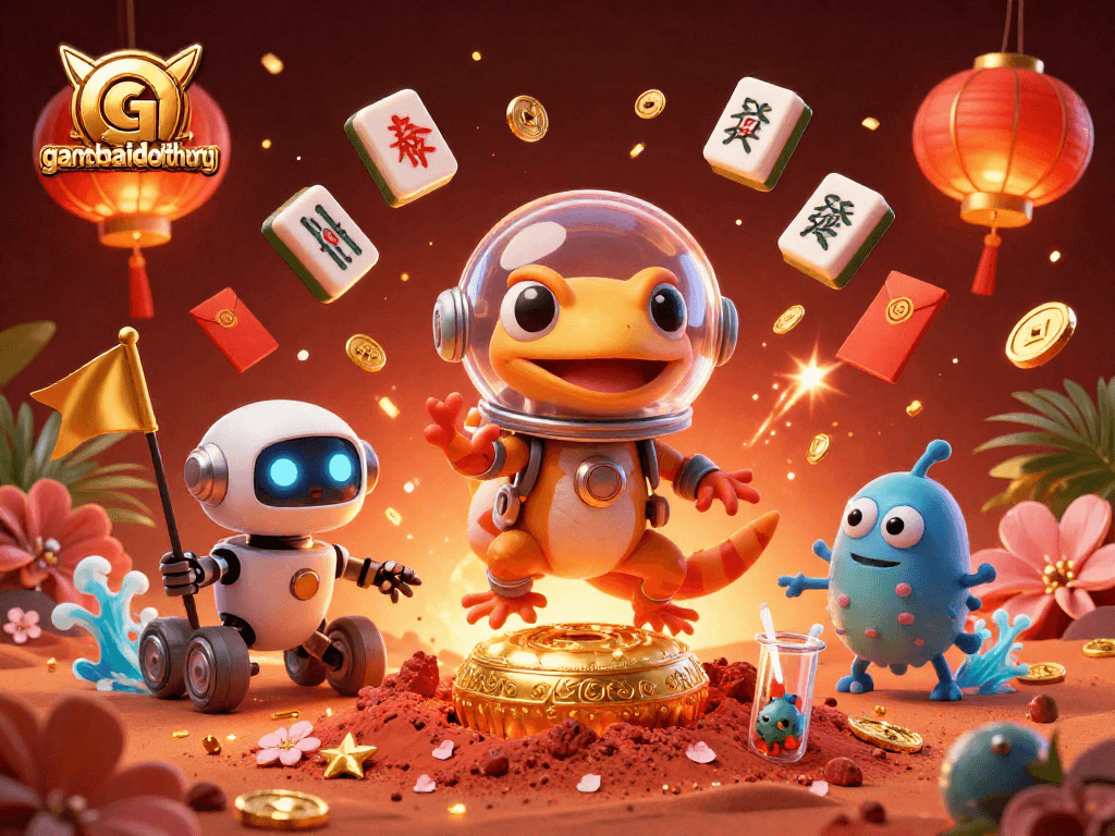 Engage with gamebaidoithuong as a Martian gecko discovers a golden casino in a vibrant 3D illustration.