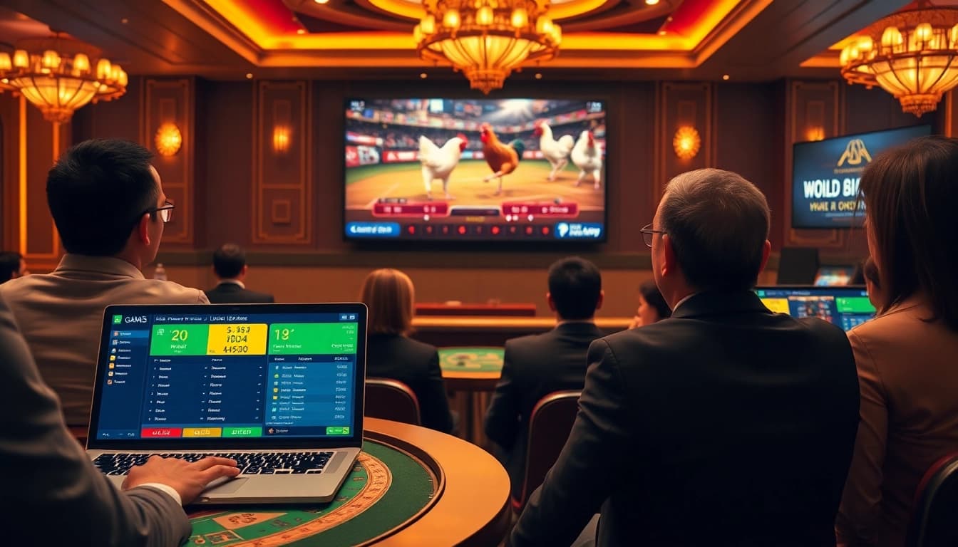 Engaged gamblers watching đá gà trực tiếp hôm nay with live betting interface.
