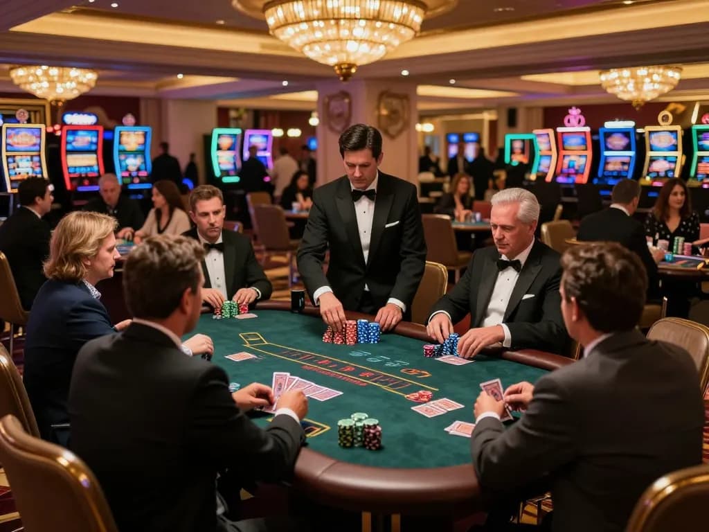 Players strategizing at MB66 blackjack tables in a vibrant Las Vegas casino atmosphere