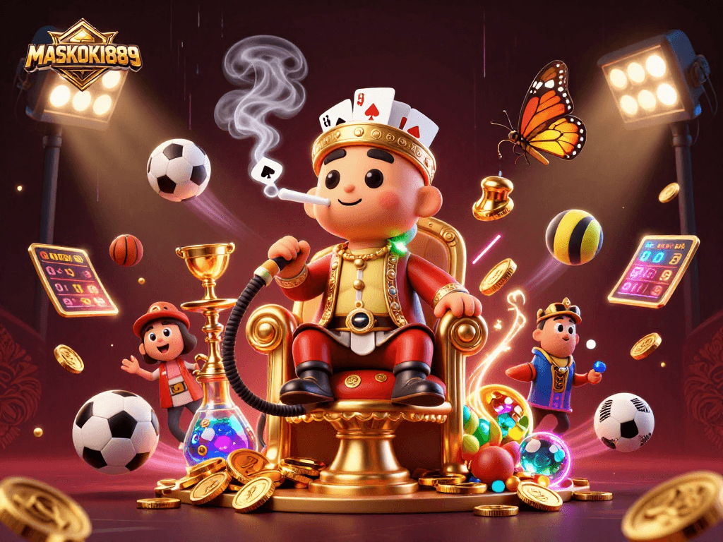 Engage with MASKOKI889 as a caterpillar hookah-master dominates a vibrant sports-themed casino scene.