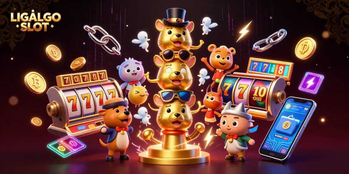 LIGALGO SLOT showcases a dynamic scene featuring a cartoon totem pole and vibrant slot game elements.