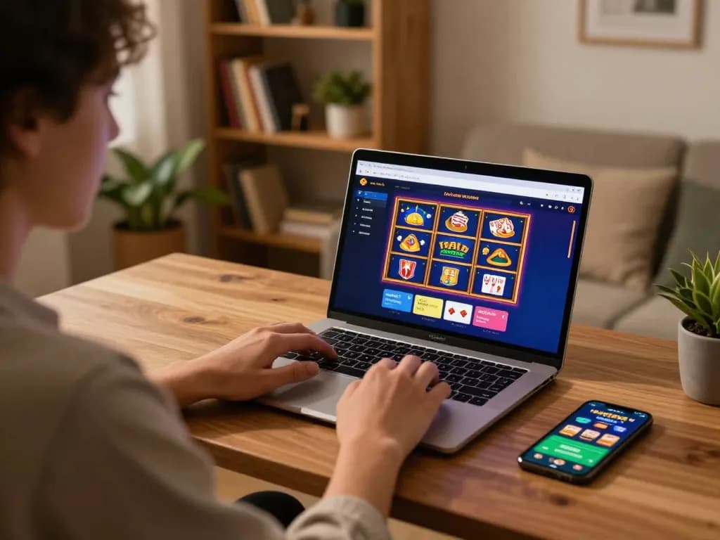 Engaging online casino gaming scene showing a player using s666 on a laptop for betting.