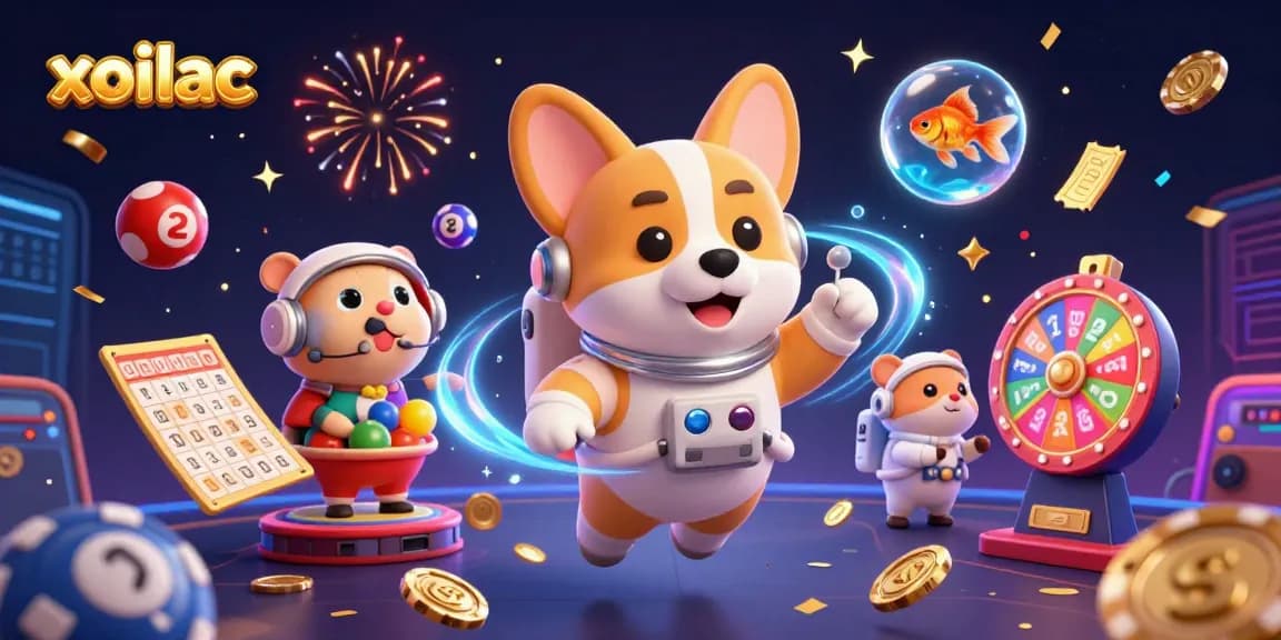 Xoilac promotes excitement in a vibrant gambling universe, showcasing a playful astronaut dog amidst dynamic lottery elements.