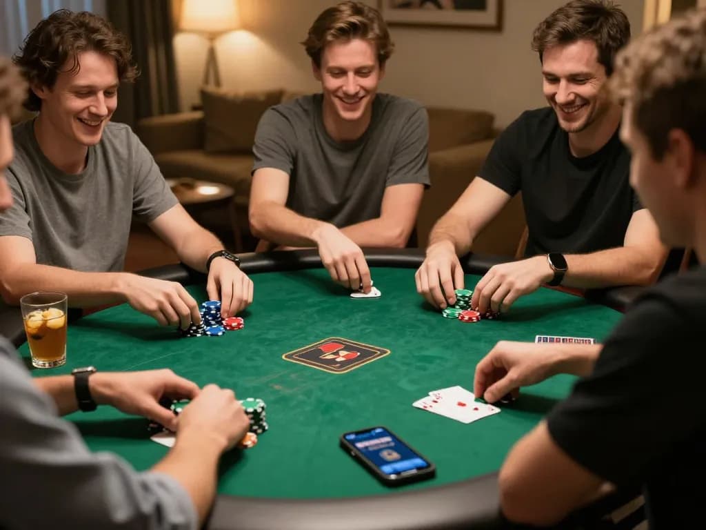 Players enjoying a friendly poker night with the 79 king app nearby, highlighting social and strategic gameplay