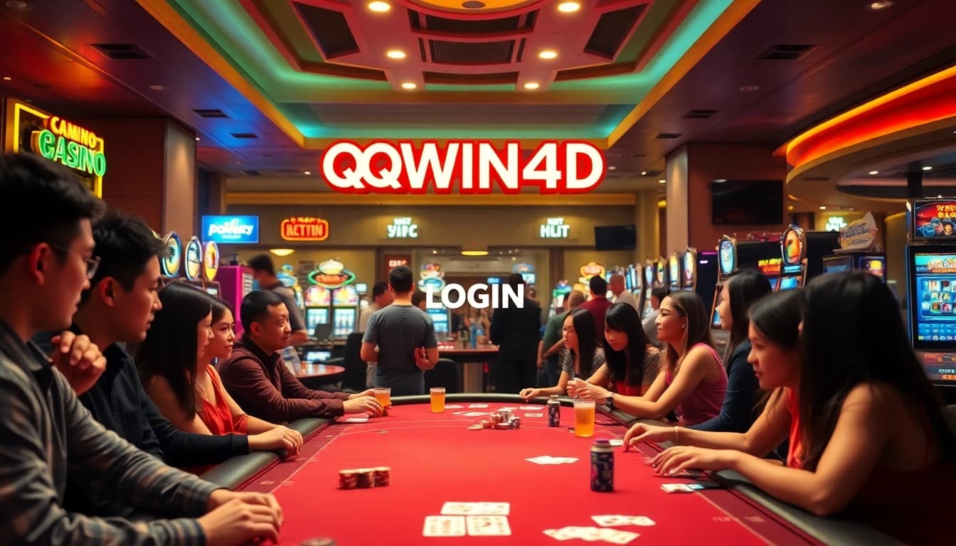 Masuk ke QQWIN4D LOGIN dengan suasana kasino yang meriah dan pemain yang bersemangat.