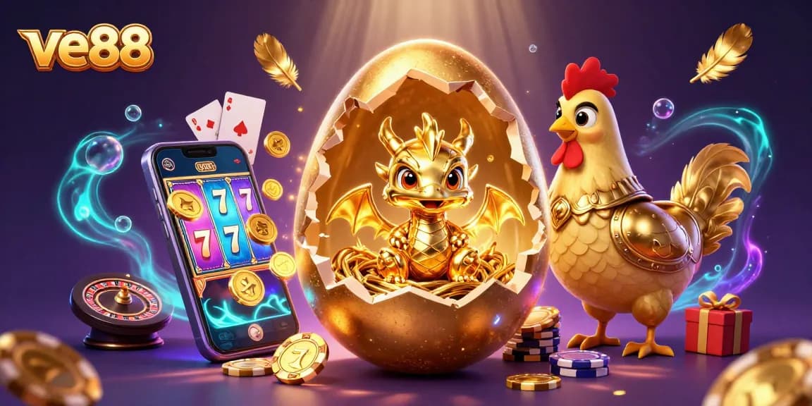 Engage with ve88's vibrant casino scene featuring a golden dragon and dynamic gaming elements.