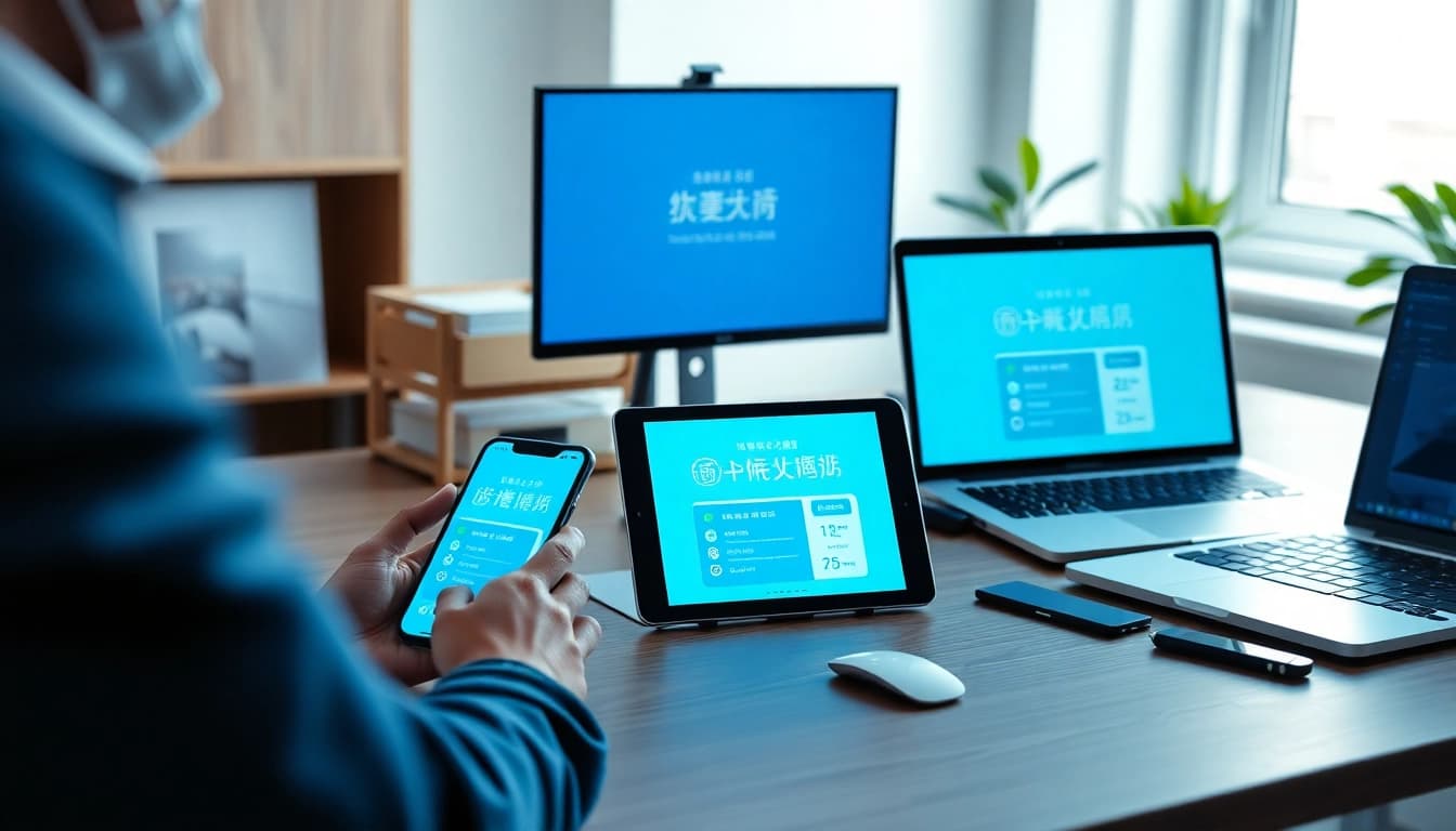 快连下载 app showcased on multiple devices in a professional workspace, emphasizing user-friendliness and innovation.