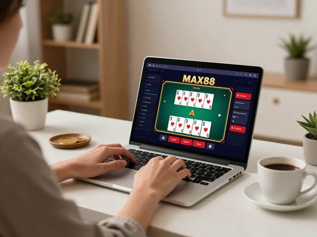 Engaged player exploring nhà cái MAX88 online casino on a laptop, showcasing strategic poker gameplay.
