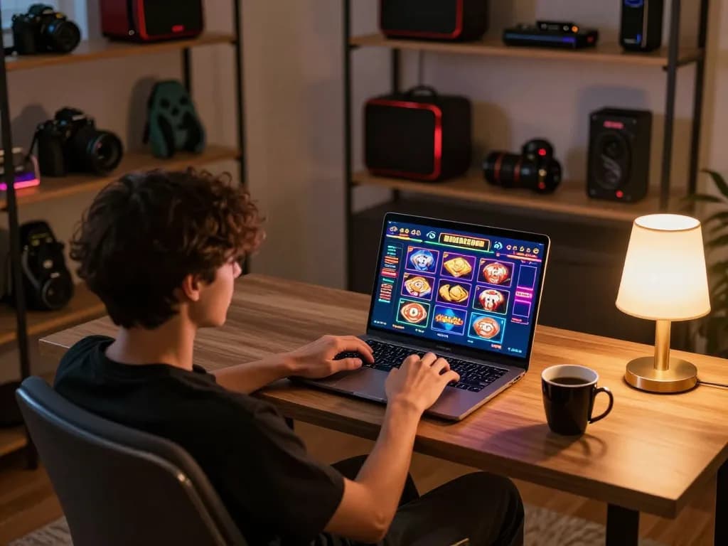 Play rik88 on a laptop at home, enjoying vibrant slots game with cozy atmosphere.