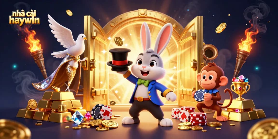 Engage with nhà cái haywin's vibrant scene featuring a magician rabbit pulling coins, a dove, and a monkey, rich with gems.
