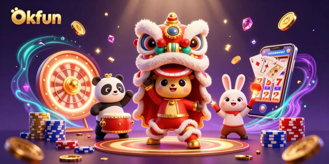 Engage with Okfun’s thrilling casino world featuring a lion dance, panda, and action-packed game elements.