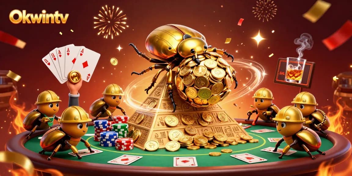 Showcase the excitement of Okwintv's gambling experience with beetles rolling golden coins and colorful poker setups.