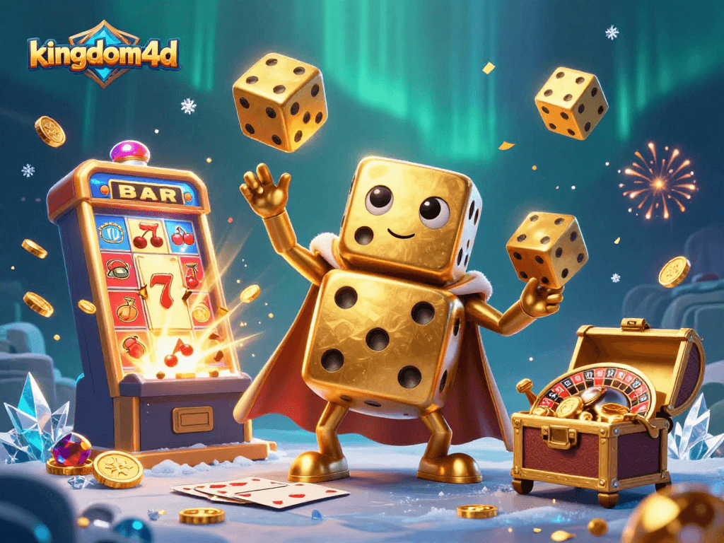 Mengguncang dadu emas di kingdom4d sambil dikelilingi slot dan jackpot bersinar