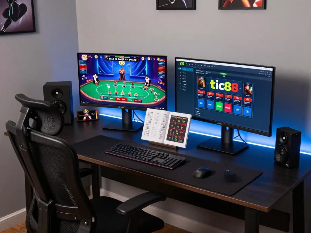 Engaging scene of live blackjack gameplay on nhà cái tic88 with a dual-screen online gaming setup.