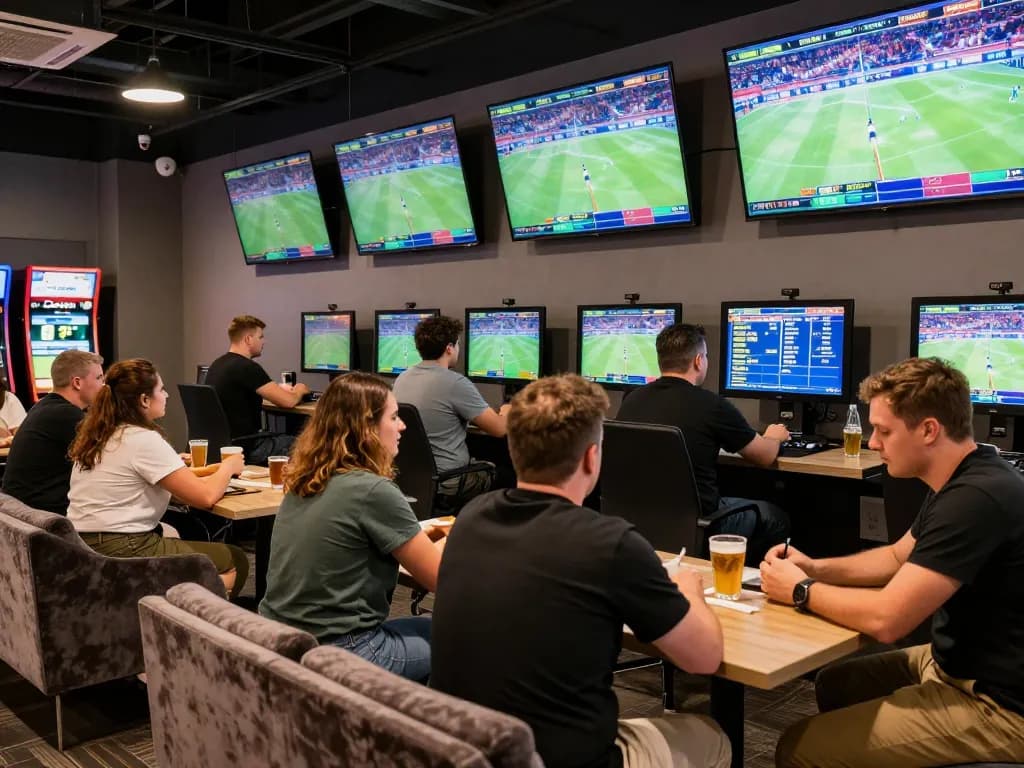 Users engaging in betting activities at the TR88 sports lounge, surrounded by live event screens.