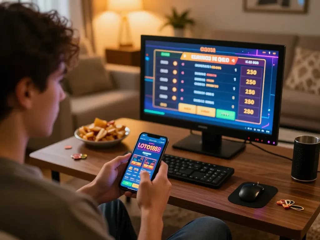 LOTO188 player using a smartphone for online betting in a cozy home setup.