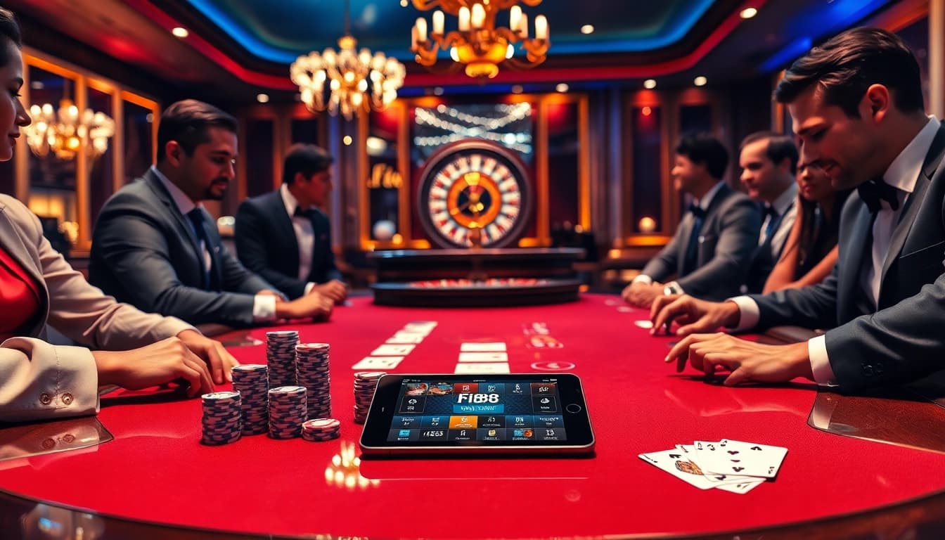 Players enjoying poker at a table with the Fi88 app displayed, showcasing the excitement of online gambling.