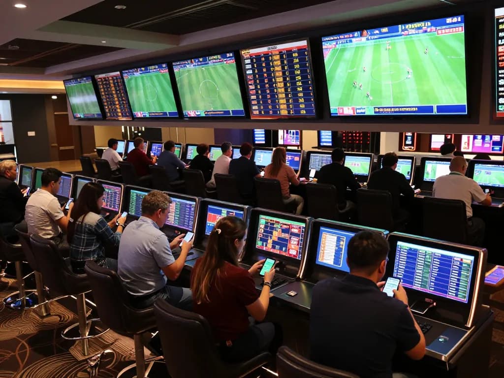Xoilac users engage in live sports betting with enthusiasm in a modern casino setting
