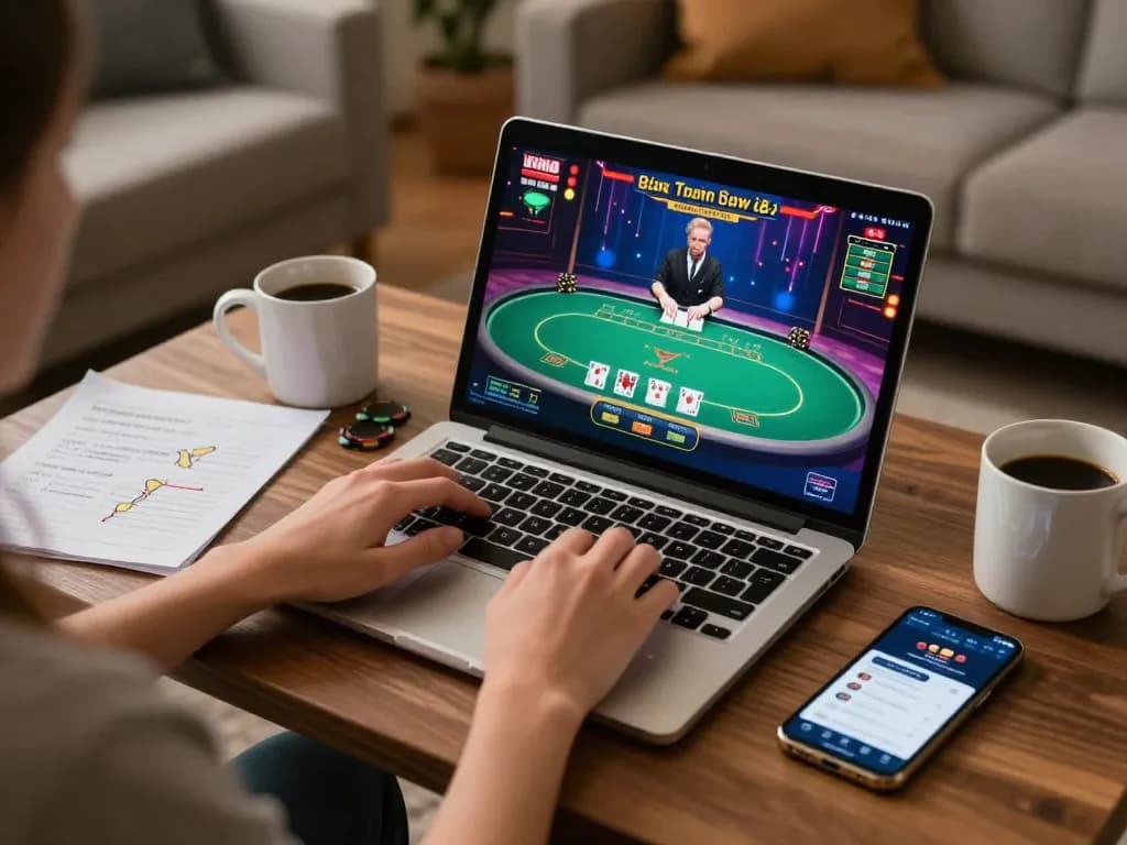 Engaged gamer playing on https://www.mnm88.com/ with a cozy home atmosphere and strategic notes