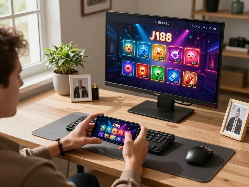 Engaging with J188 casino app on a smartphone, showcasing dynamic online gaming experience.