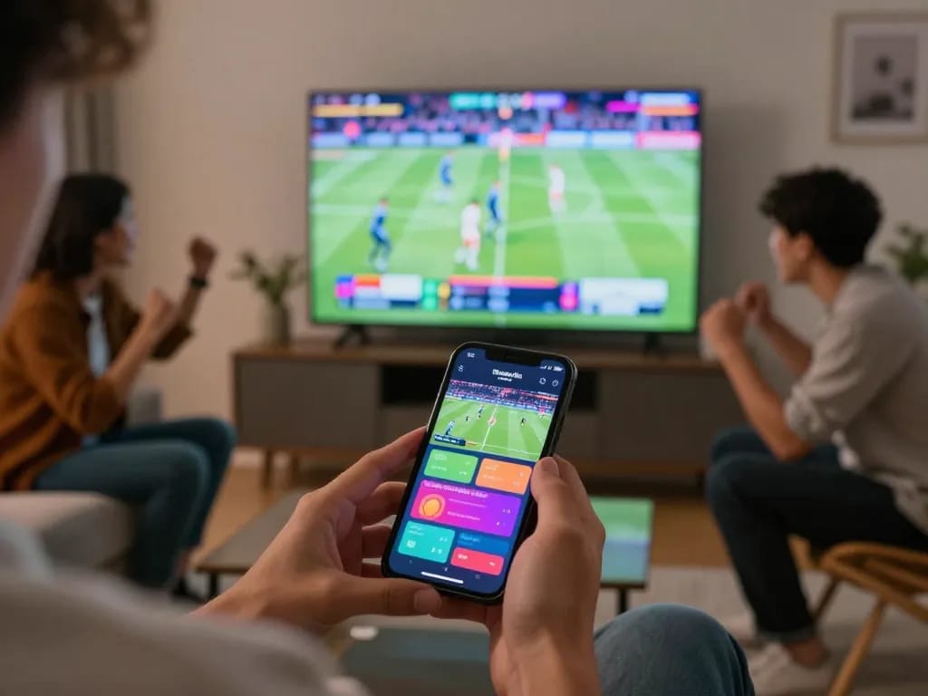 Engaging sports betting experience on rik vip app with friends cheering during live match