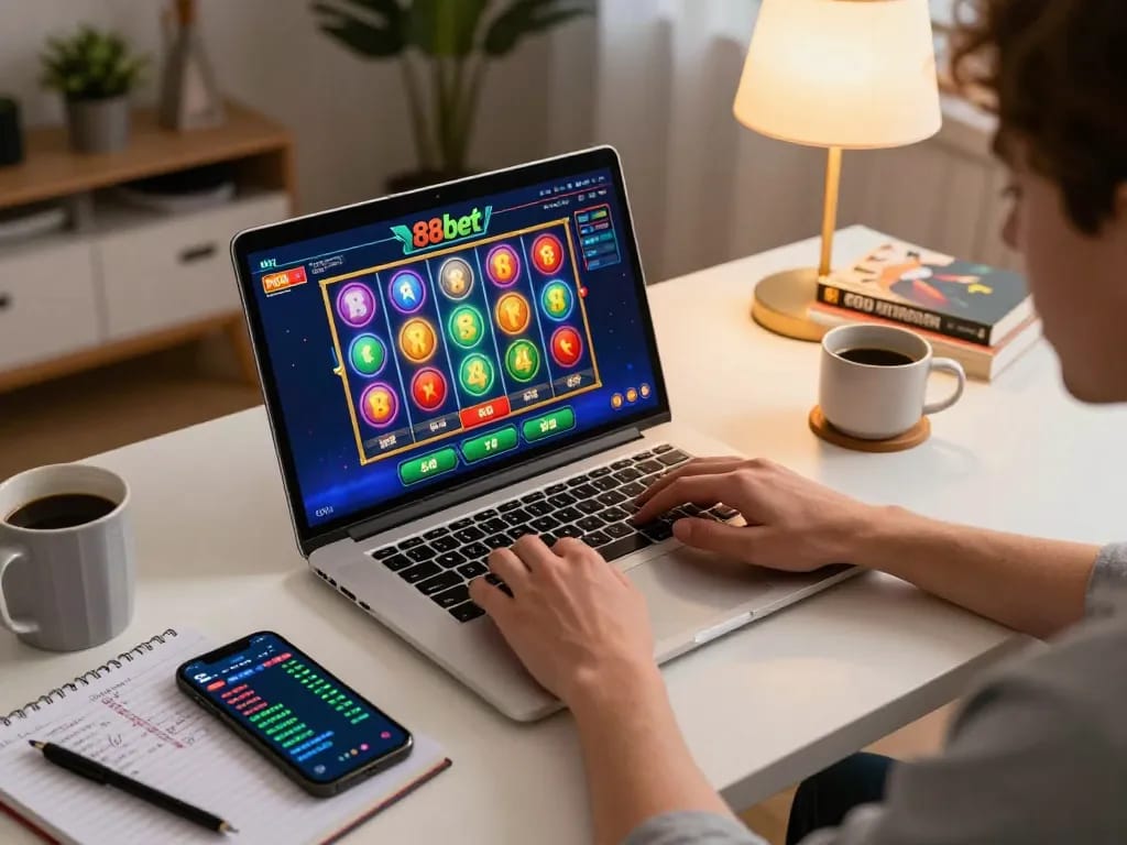 Engaging with 88bet excitement at home with laptop showcasing online slots gameplay.