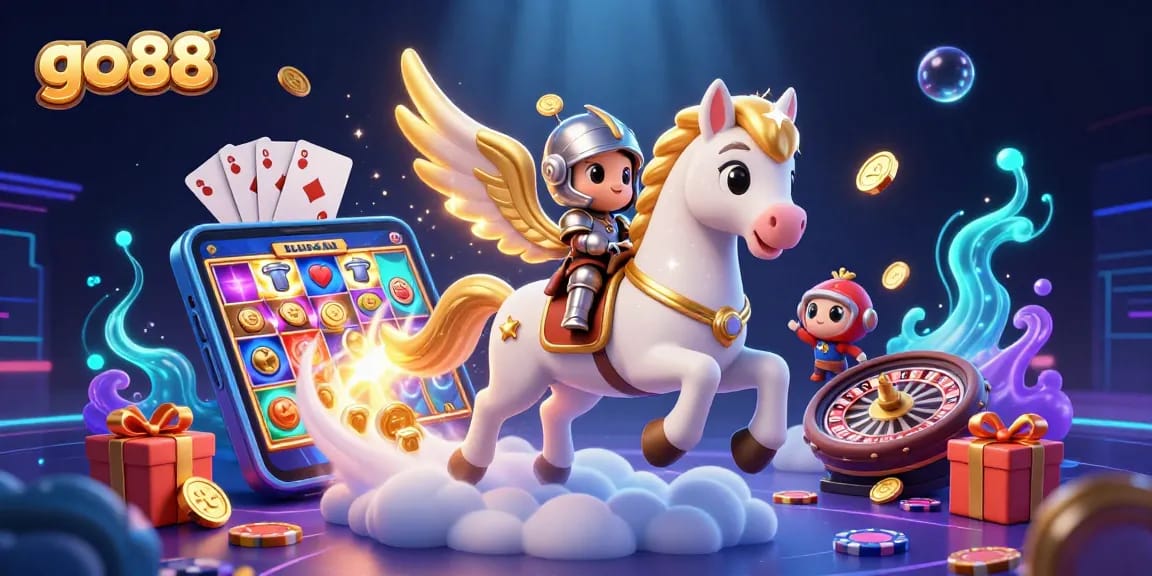 Experience the thrill of go 88 with a vibrant scene of a celestial horse and knight amid dynamic casino elements.