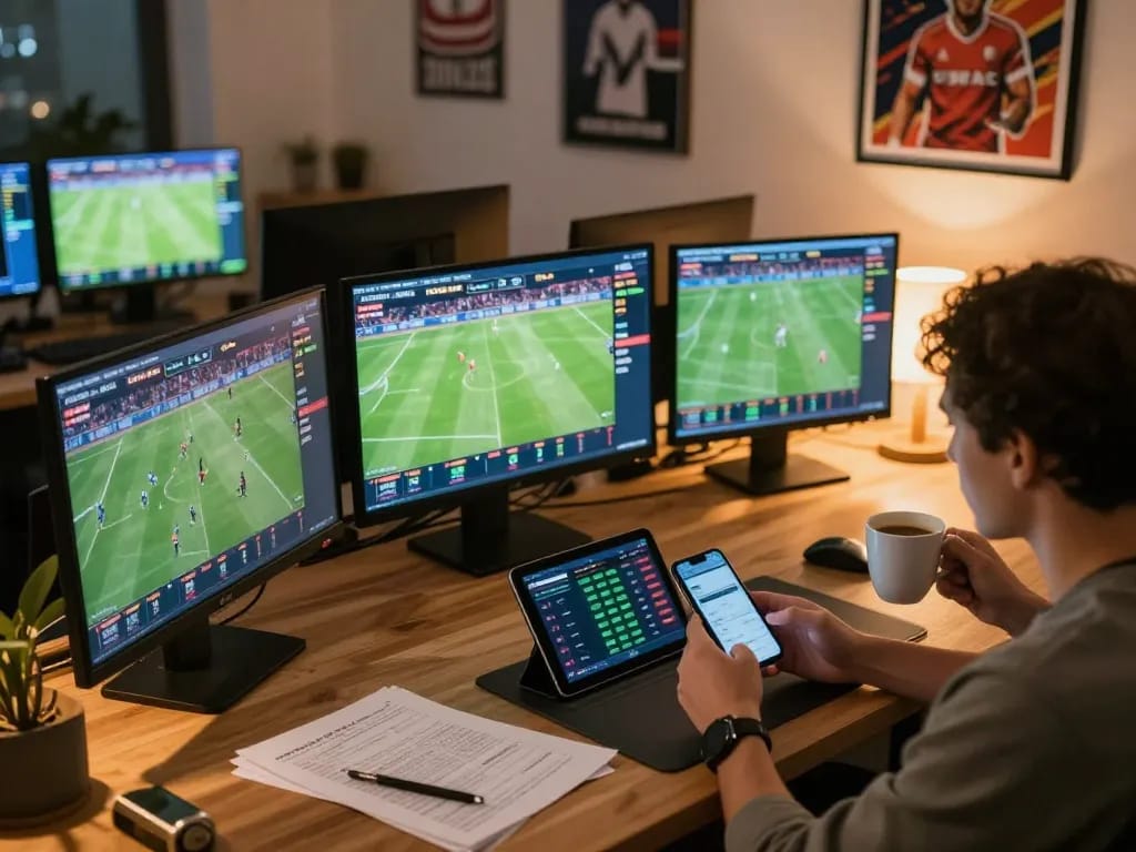 SOCOLIVE user engaging in live soccer betting with multiple screens showcasing real-time odds and matches.