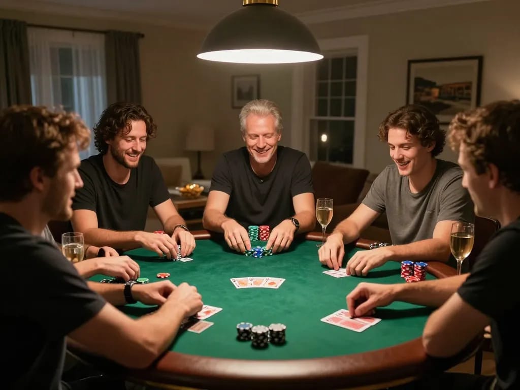 Friends playing poker at home, showcasing the kp88220 experience of social gambling in a cozy setting.