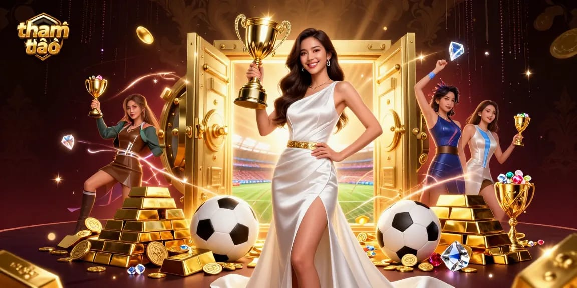 Experience winning moments at tham khảo thêm, featuring a triumphant Asian woman in a stunning gown amidst luxury casino elements.