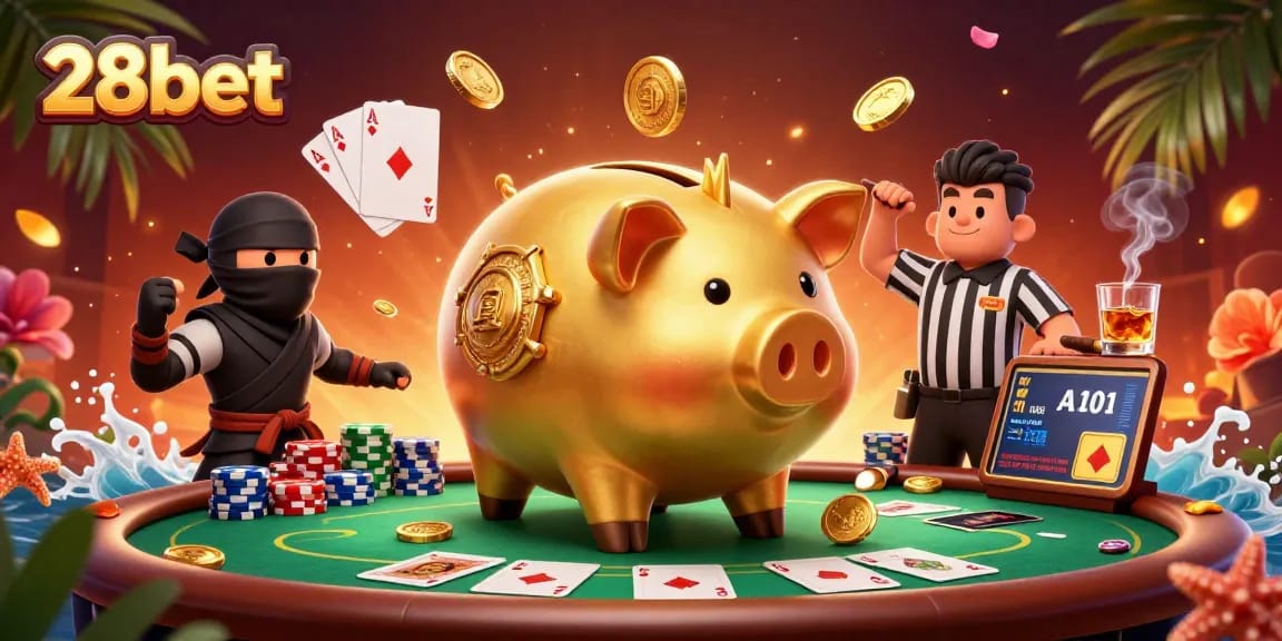 Experience the excitement of 28bet with a dynamic 3D illustration showcasing casino elements and characters in action.